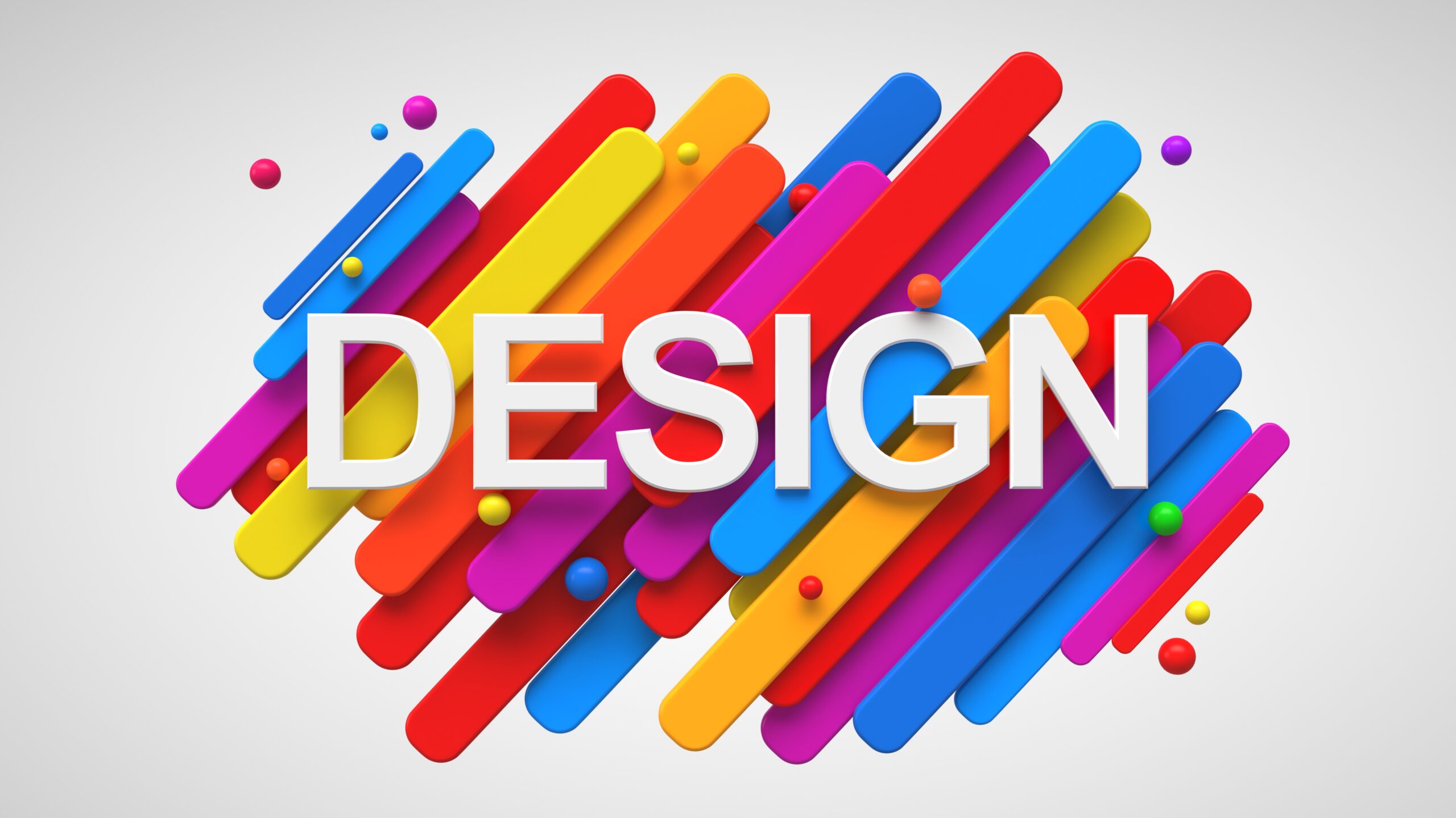Word design written on top of colorful geometric 3d shapes.