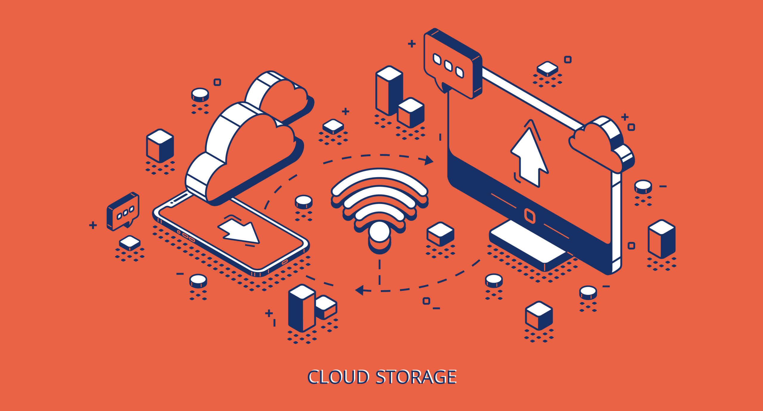 Cloud storage isometric banner, digital technology